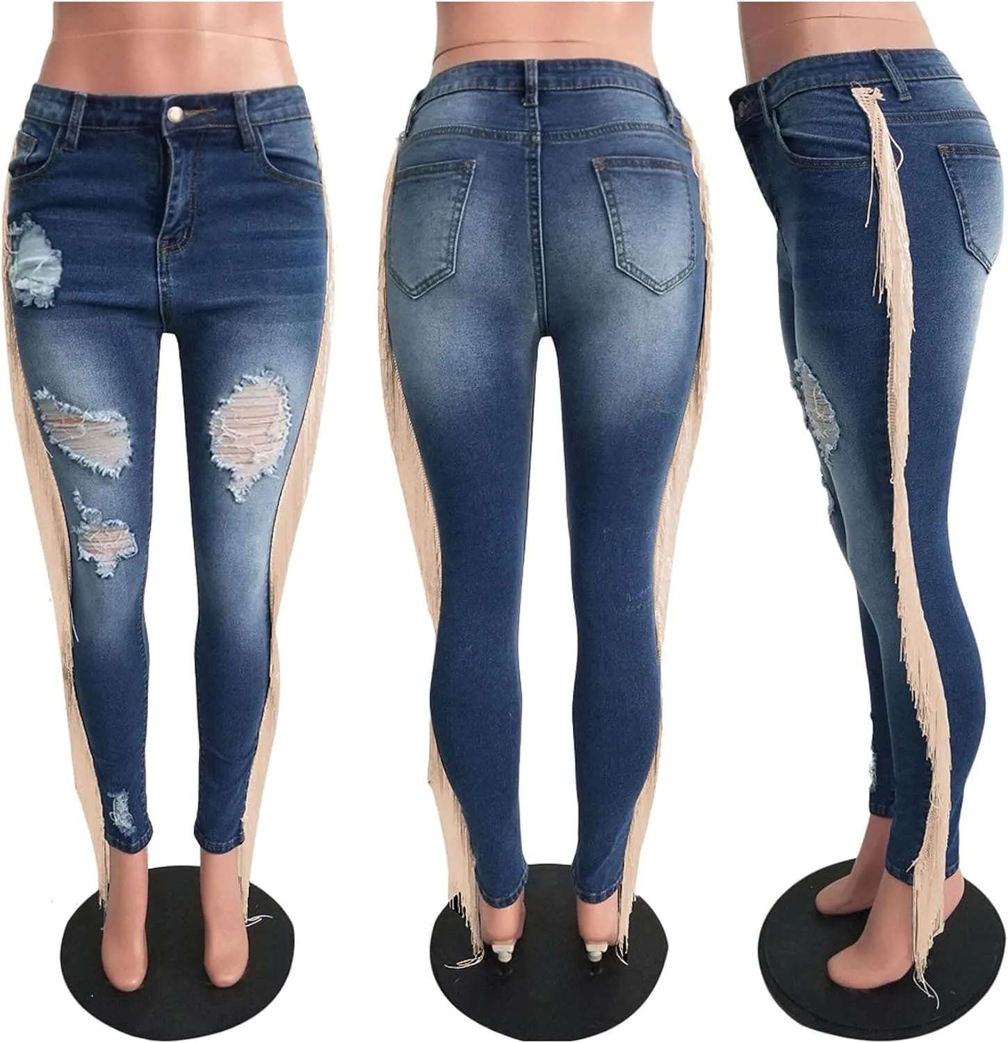 SOMTHRON Women's Tassel High Waisted Ripped Skinny Jeans Distressed Destroyed Long Fringe Denim Pants Hip Hop Streetwear