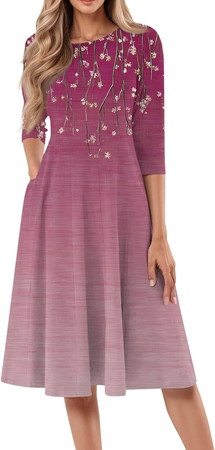 Summer Dress for Women Trendy Vintage Floral Crew Neck 3/4 Sleeve A Line Flowy Casual Beach Midi Dress with Pockets