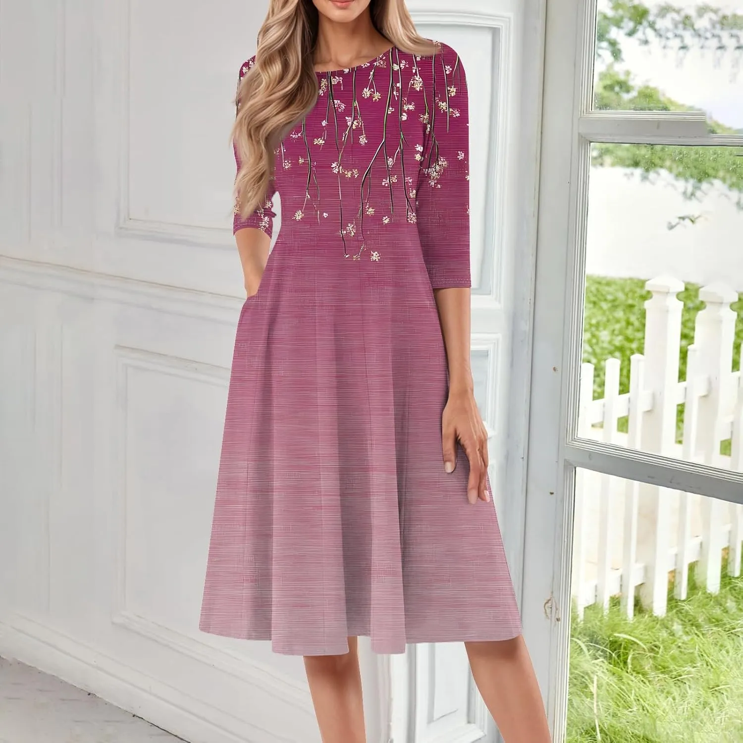 Summer Dress for Women Trendy Vintage Floral Crew Neck 3/4 Sleeve A Line Flowy Casual Beach Midi Dress with Pockets