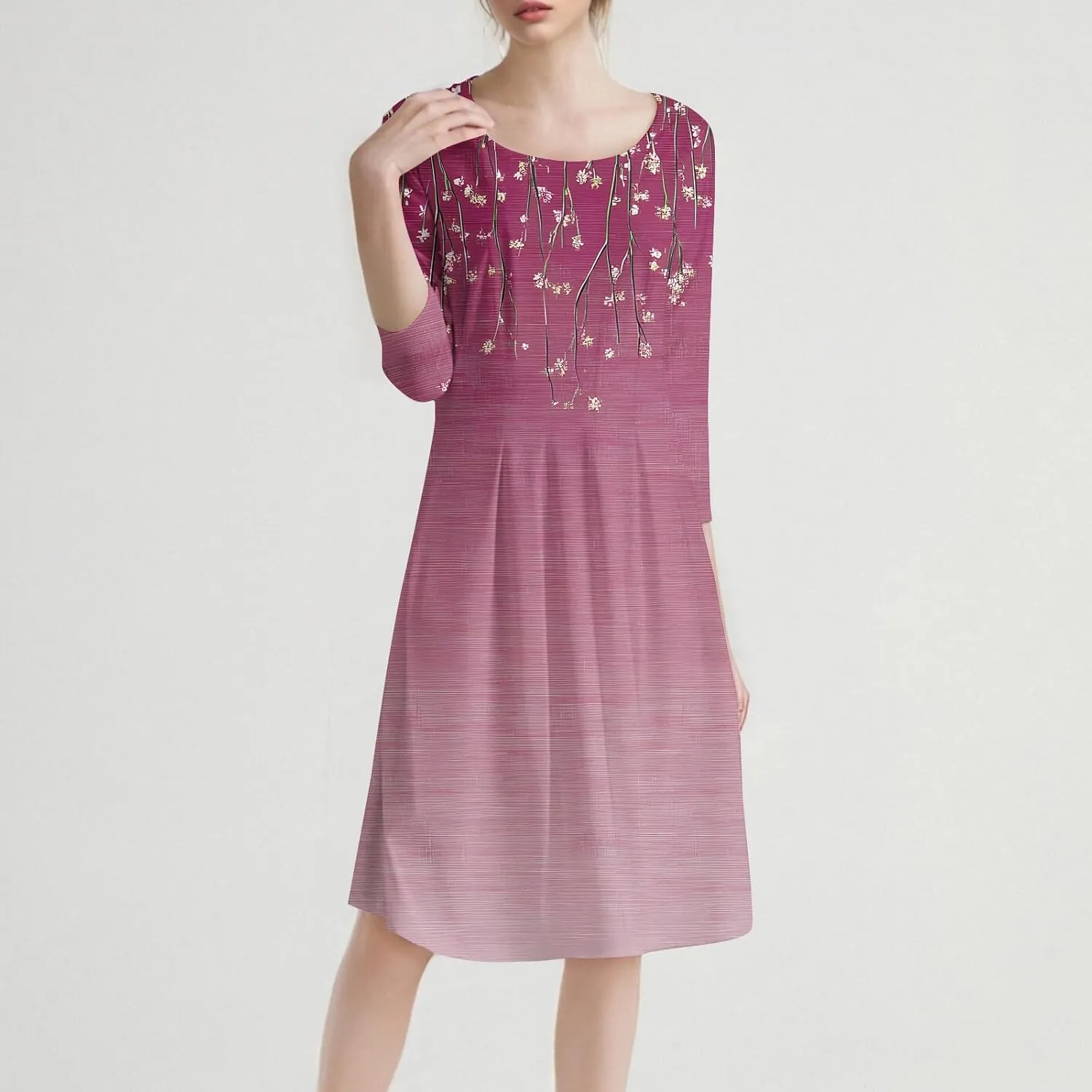 Summer Dress for Women Trendy Vintage Floral Crew Neck 3/4 Sleeve A Line Flowy Casual Beach Midi Dress with Pockets