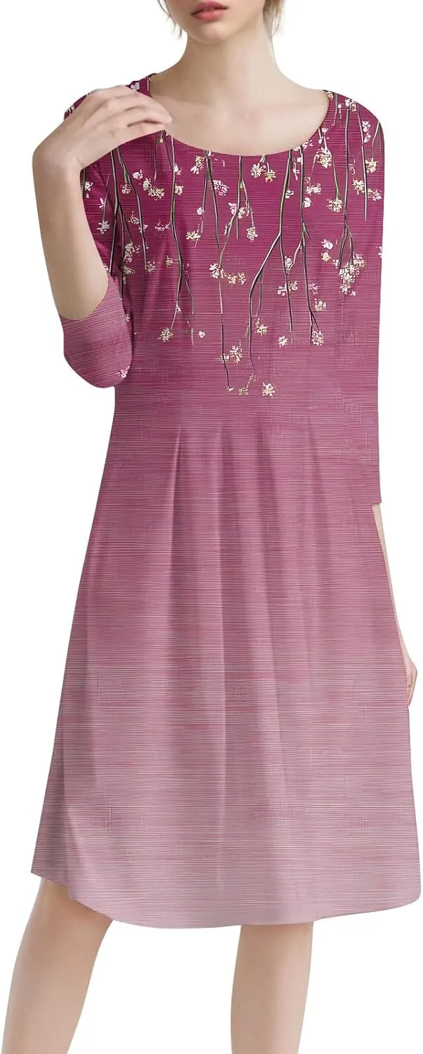 Summer Dress for Women Trendy Vintage Floral Crew Neck 3/4 Sleeve A Line Flowy Casual Beach Midi Dress with Pockets