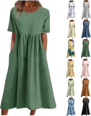 Summer Dresses for Women 2025 Casual Plus Size Floral Maxi Dress Short Sleeve Flowy Pleated Boho Beach Sundresses