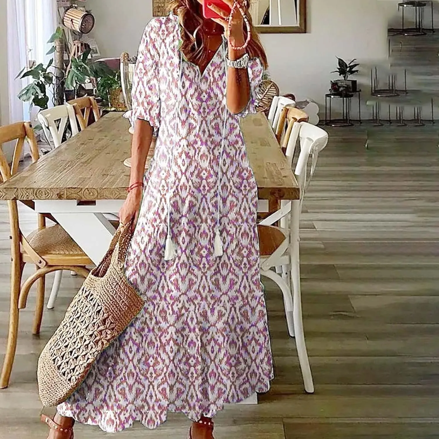 Summer Dresses for Women 2025 Half Sleeve V Neck Boho Floral Maxi Dresses Flowy Casual Ruffle Tiered Beach Sundress