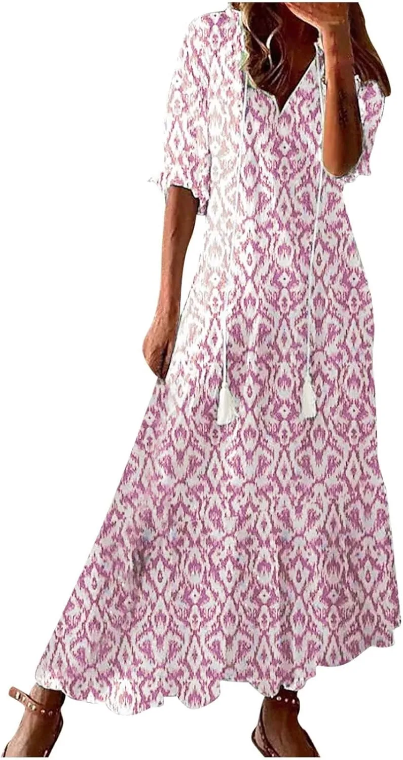 Summer Dresses for Women 2025 Half Sleeve V Neck Boho Floral Maxi Dresses Flowy Casual Ruffle Tiered Beach Sundress