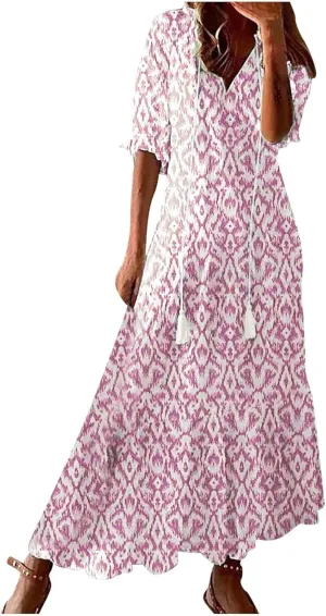 Summer Dresses for Women 2025 Half Sleeve V Neck Boho Floral Maxi Dresses Flowy Casual Ruffle Tiered Beach Sundress