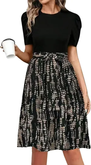Summer Dresses for Women 2025 Patchwork Short Sleeve Tie Waist Dress Floral Garden Party Flowy Beach Mini Sundress