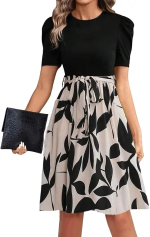 Summer Dresses for Women 2025 Patchwork Short Sleeve Tie Waist Dress Floral Garden Party Flowy Beach Mini Sundress