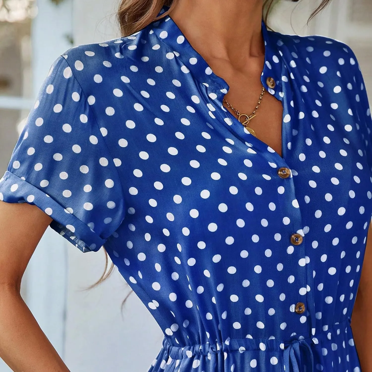 Summer Dresses for Women 2025 Short Sleeve Ruched Tie Waist Dress V Neck Polka Dot Button Down Boho Midi Sundress