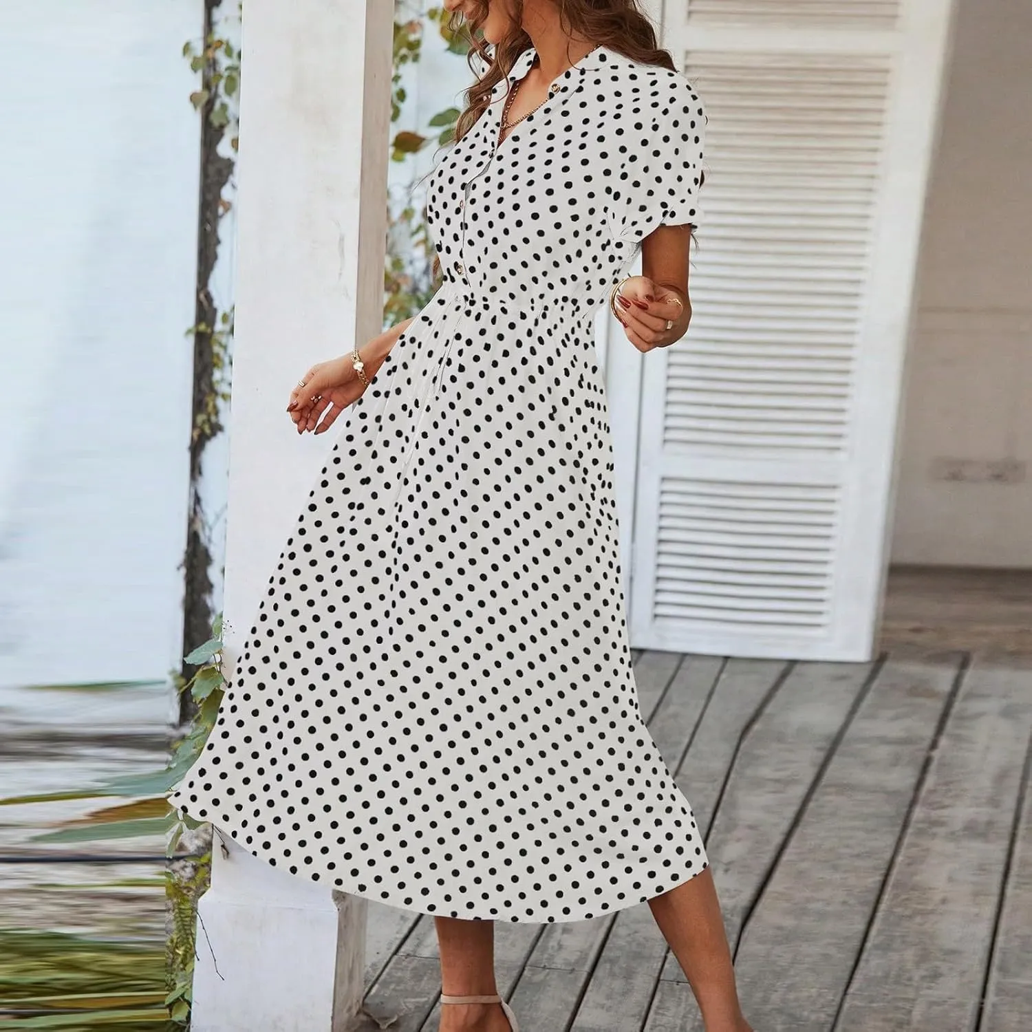 Summer Dresses for Women 2025 Short Sleeve Ruched Tie Waist Dress V Neck Polka Dot Button Down Boho Midi Sundress