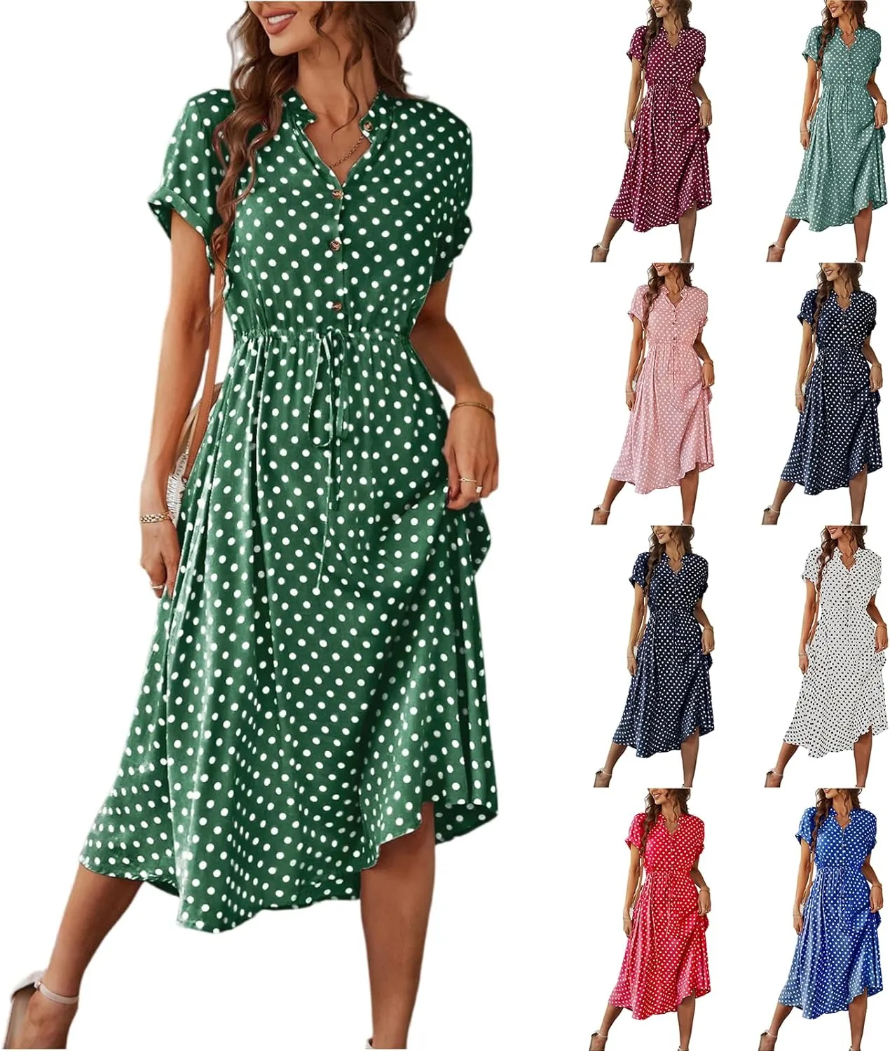 Summer Dresses for Women 2025 Short Sleeve Ruched Tie Waist Dress V Neck Polka Dot Button Down Boho Midi Sundress