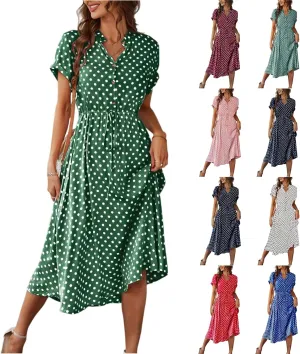 Summer Dresses for Women 2025 Short Sleeve Ruched Tie Waist Dress V Neck Polka Dot Button Down Boho Midi Sundress
