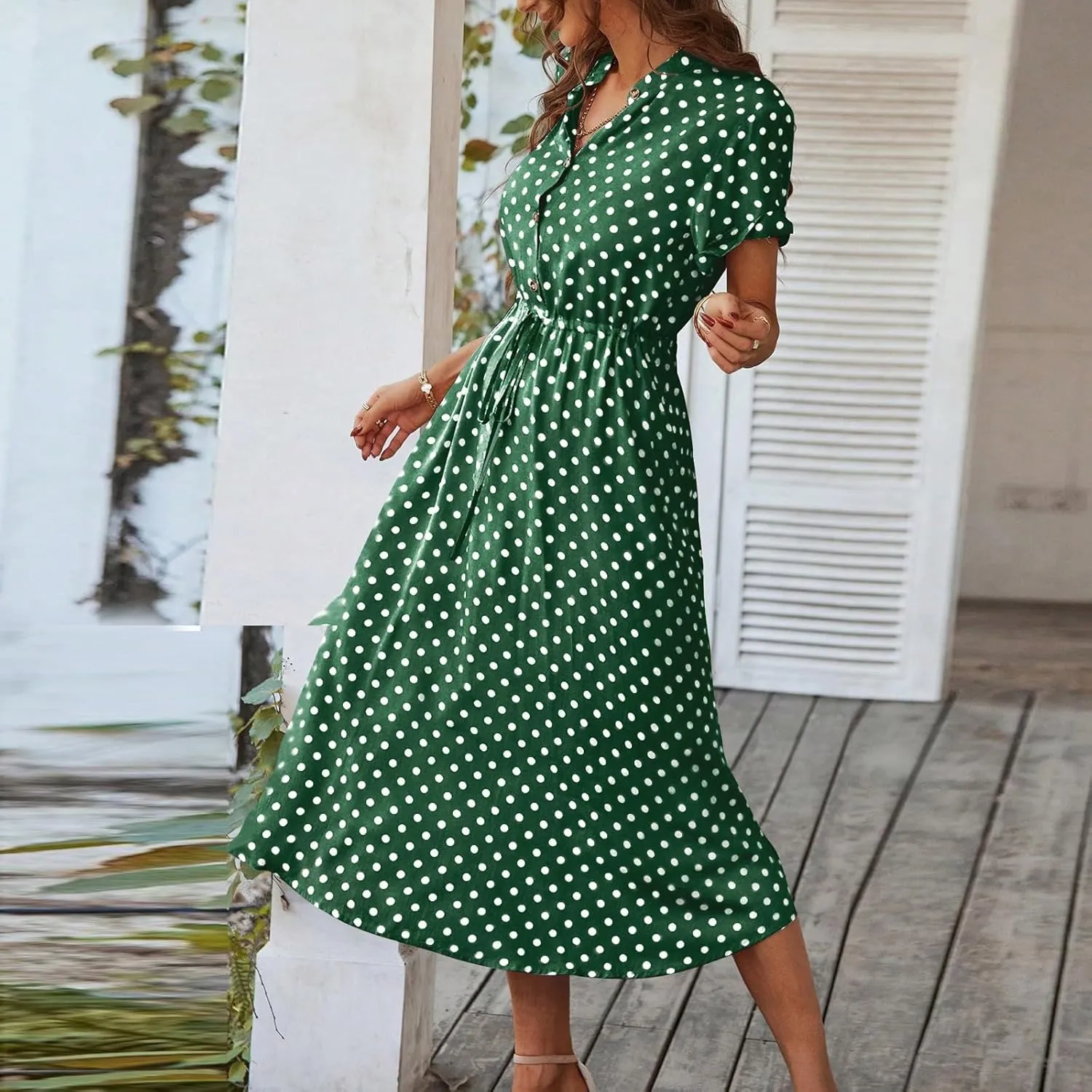 Summer Dresses for Women 2025 Short Sleeve Ruched Tie Waist Dress V Neck Polka Dot Button Down Boho Midi Sundress