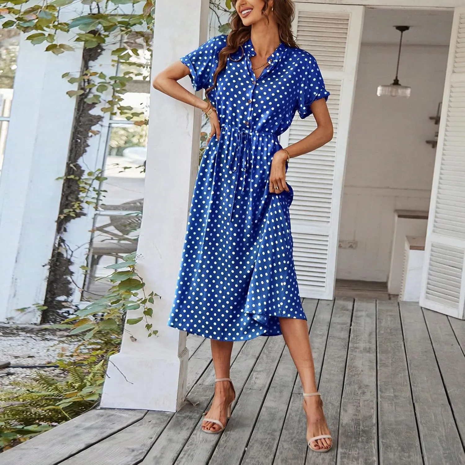 Summer Dresses for Women 2025 Short Sleeve Ruched Tie Waist Dress V Neck Polka Dot Button Down Boho Midi Sundress
