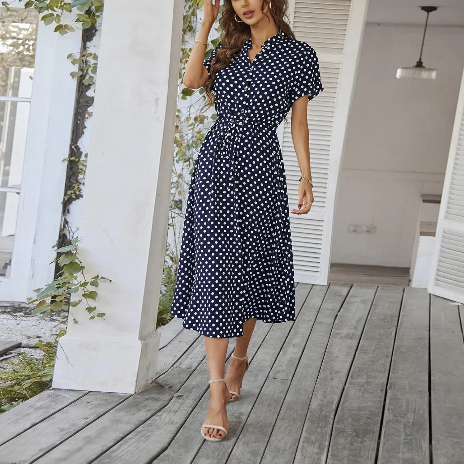 Summer Dresses for Women 2025 Short Sleeve Ruched Tie Waist Dress V Neck Polka Dot Button Down Boho Midi Sundress