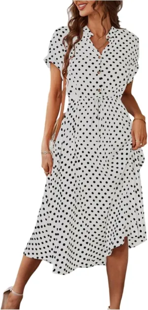 Summer Dresses for Women 2025 Short Sleeve Ruched Tie Waist Dress V Neck Polka Dot Button Down Boho Midi Sundress