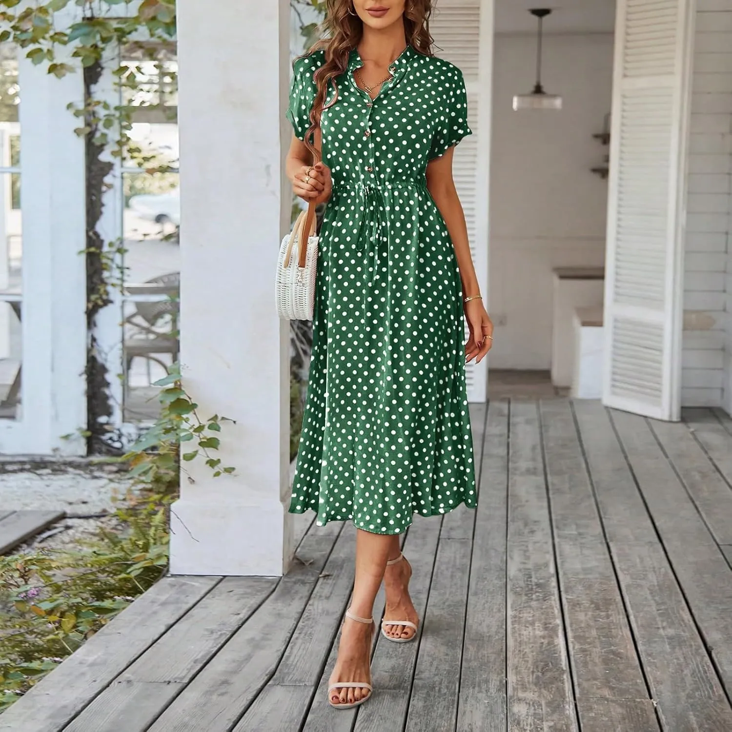 Summer Dresses for Women 2025 Short Sleeve Ruched Tie Waist Dress V Neck Polka Dot Button Down Boho Midi Sundress