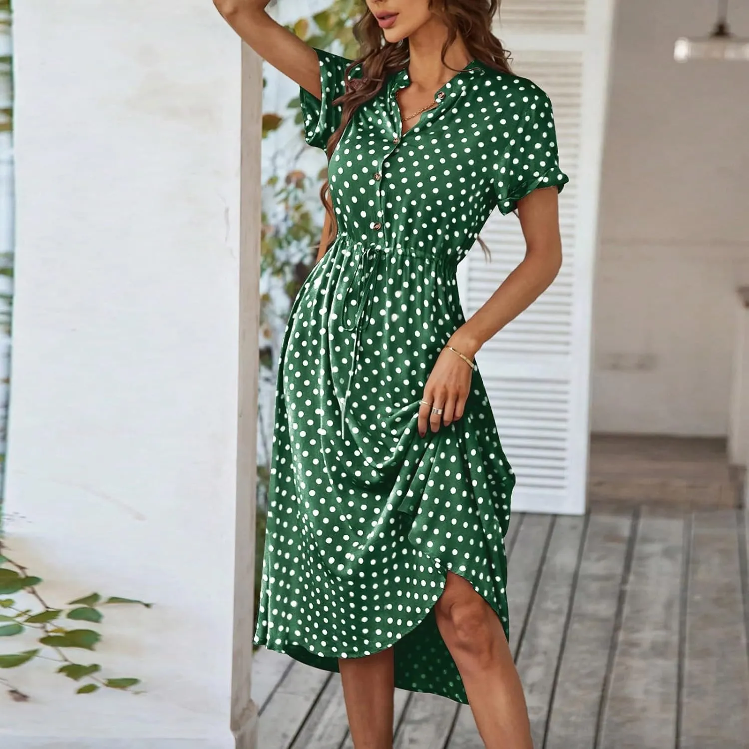 Summer Dresses for Women 2025 Short Sleeve Ruched Tie Waist Dress V Neck Polka Dot Button Down Boho Midi Sundress
