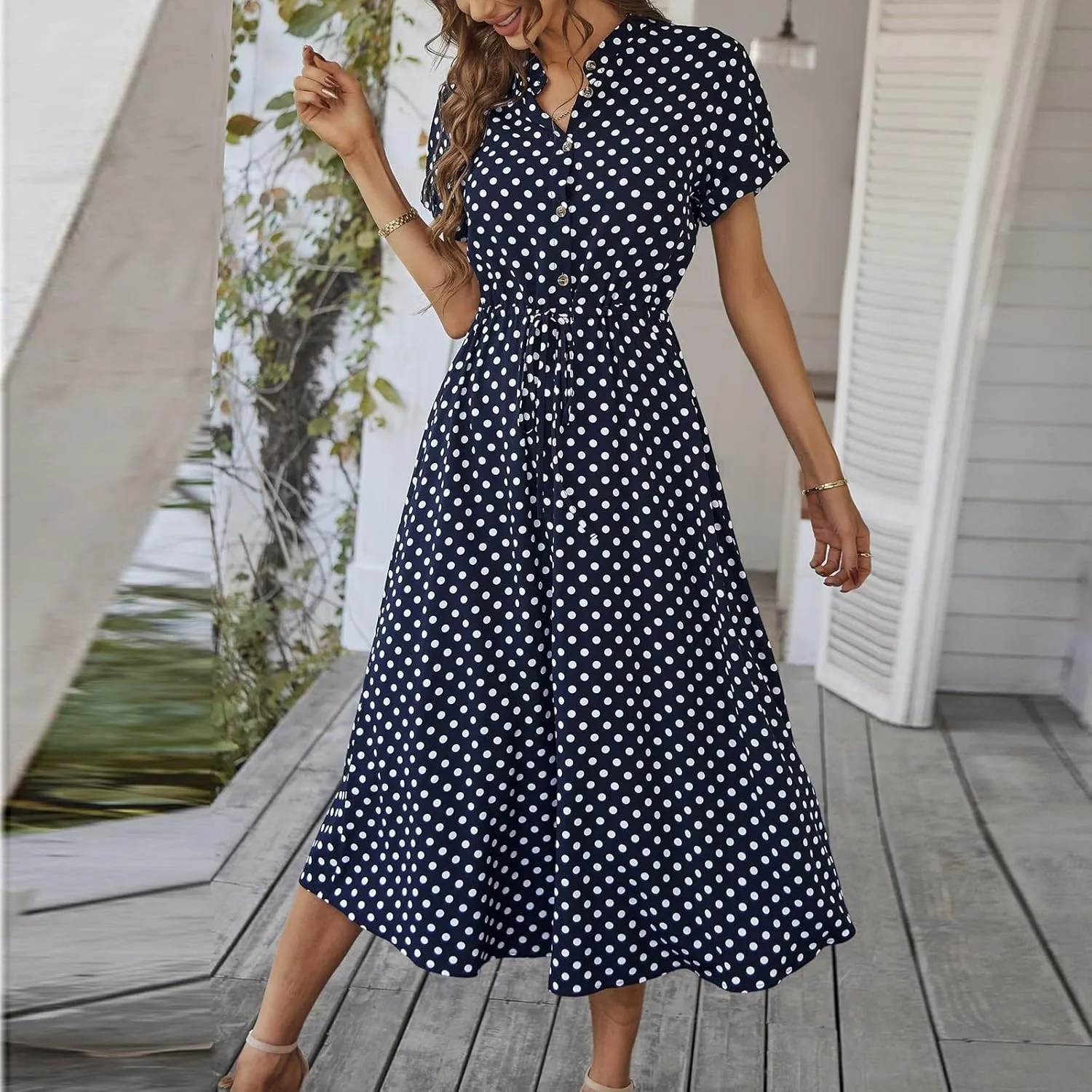 Summer Dresses for Women 2025 Short Sleeve Ruched Tie Waist Dress V Neck Polka Dot Button Down Boho Midi Sundress