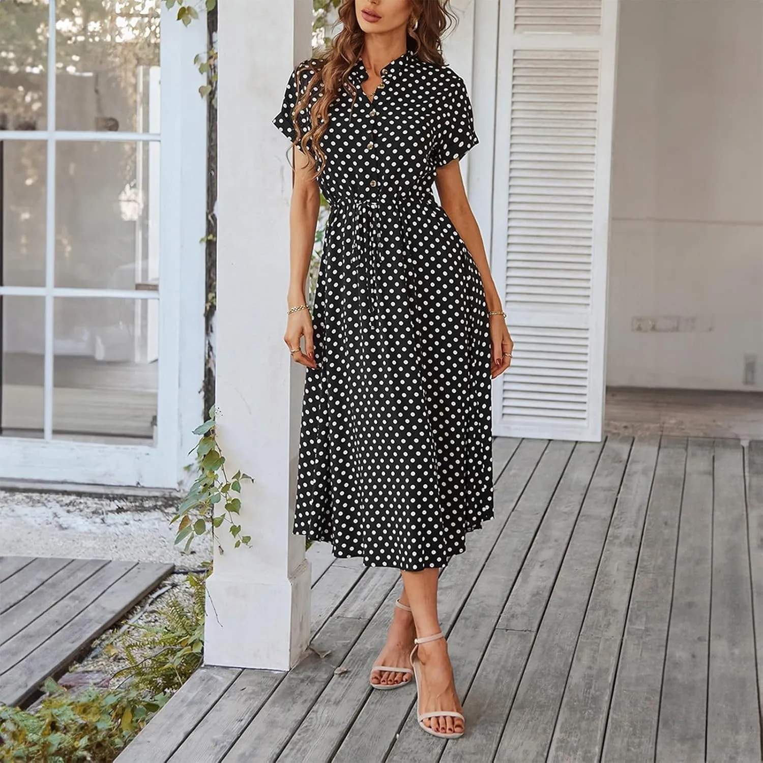 Summer Dresses for Women 2025 Short Sleeve Ruched Tie Waist Dress V Neck Polka Dot Button Down Boho Midi Sundress