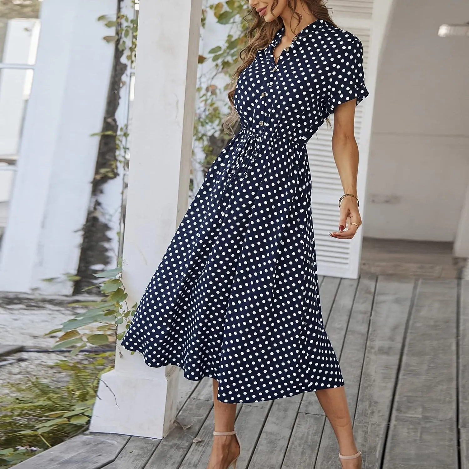 Summer Dresses for Women 2025 Short Sleeve Ruched Tie Waist Dress V Neck Polka Dot Button Down Boho Midi Sundress