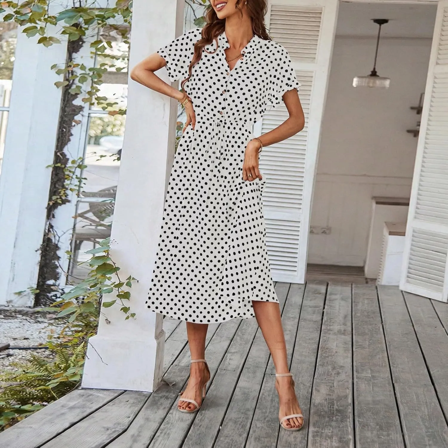 Summer Dresses for Women 2025 Short Sleeve Ruched Tie Waist Dress V Neck Polka Dot Button Down Boho Midi Sundress
