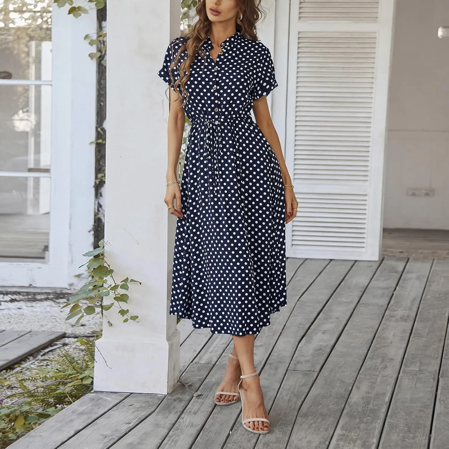 Summer Dresses for Women 2025 Short Sleeve Ruched Tie Waist Dress V Neck Polka Dot Button Down Boho Midi Sundress
