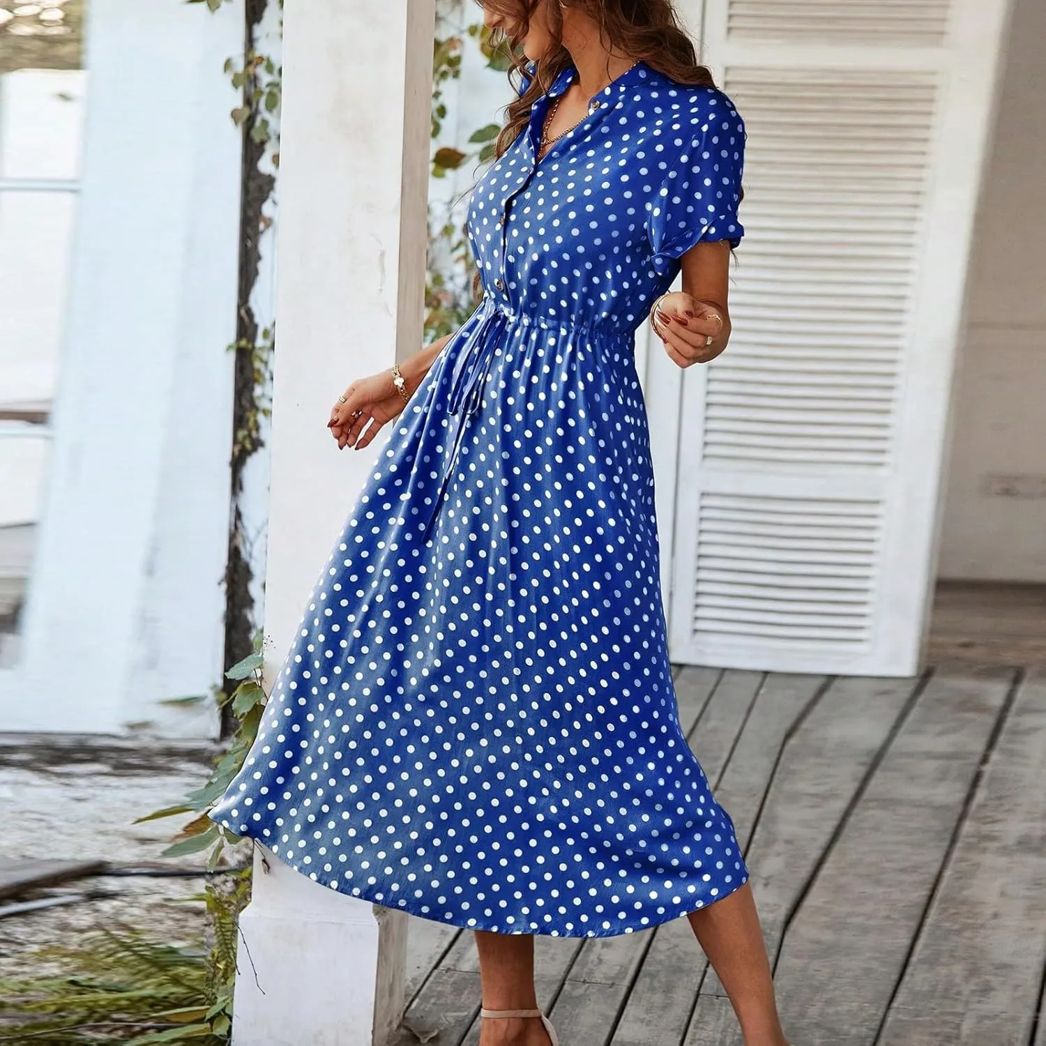 Summer Dresses for Women 2025 Short Sleeve Ruched Tie Waist Dress V Neck Polka Dot Button Down Boho Midi Sundress