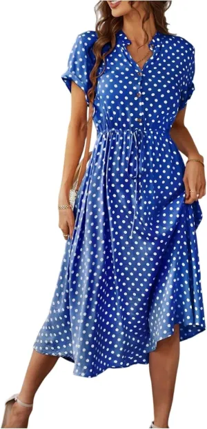 Summer Dresses for Women 2025 Short Sleeve Ruched Tie Waist Dress V Neck Polka Dot Button Down Boho Midi Sundress