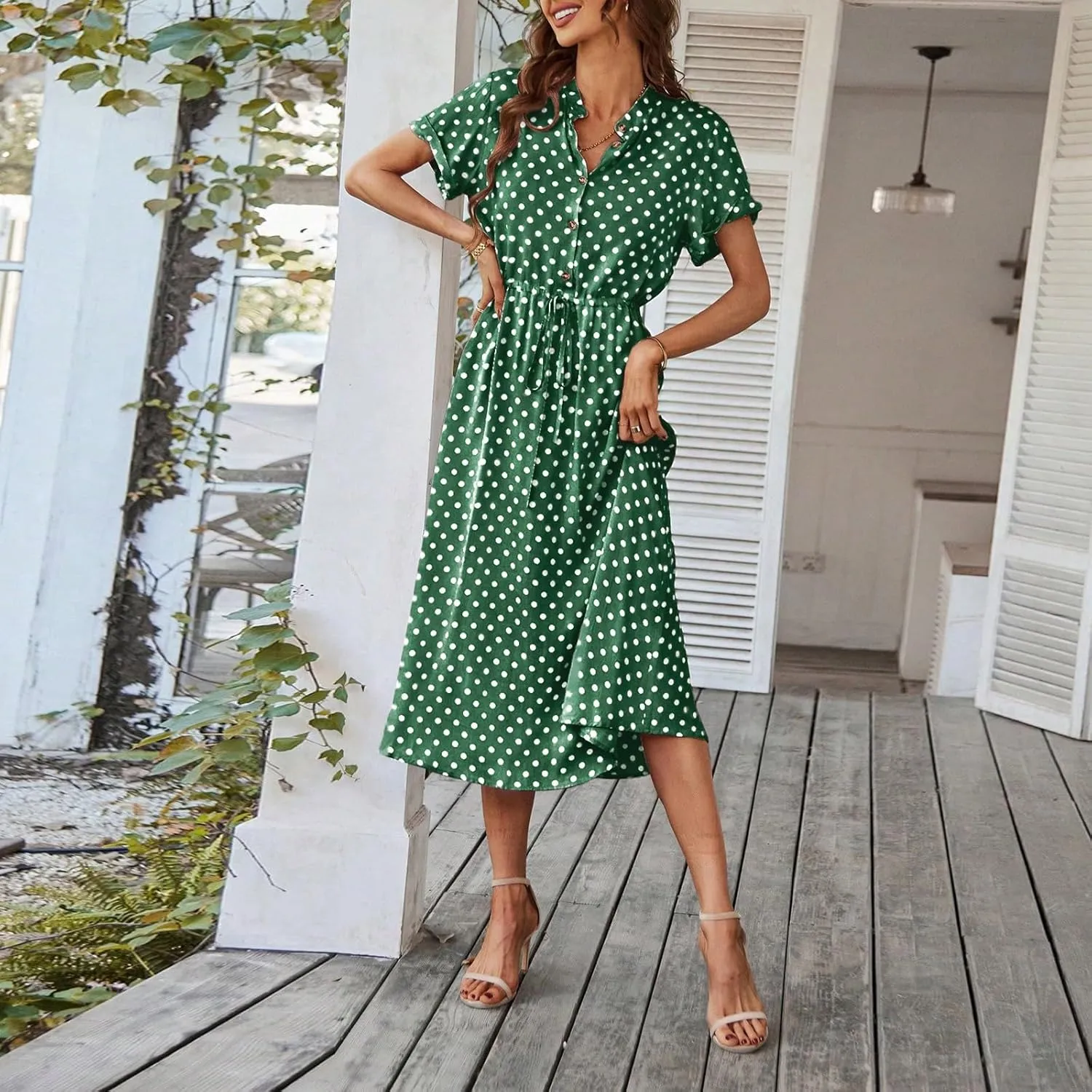 Summer Dresses for Women 2025 Short Sleeve Ruched Tie Waist Dress V Neck Polka Dot Button Down Boho Midi Sundress