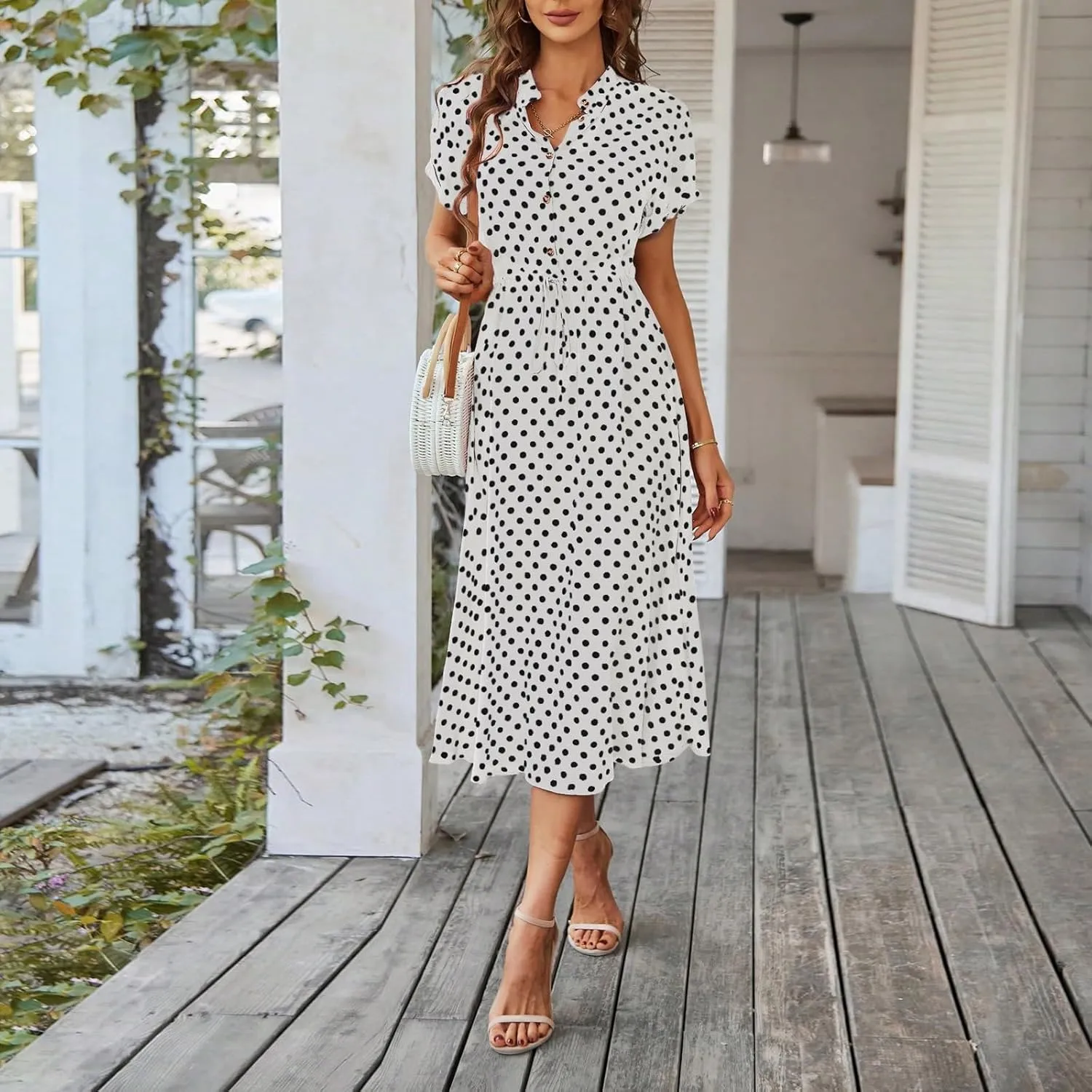 Summer Dresses for Women 2025 Short Sleeve Ruched Tie Waist Dress V Neck Polka Dot Button Down Boho Midi Sundress