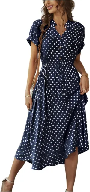 Summer Dresses for Women 2025 Short Sleeve Ruched Tie Waist Dress V Neck Polka Dot Button Down Boho Midi Sundress