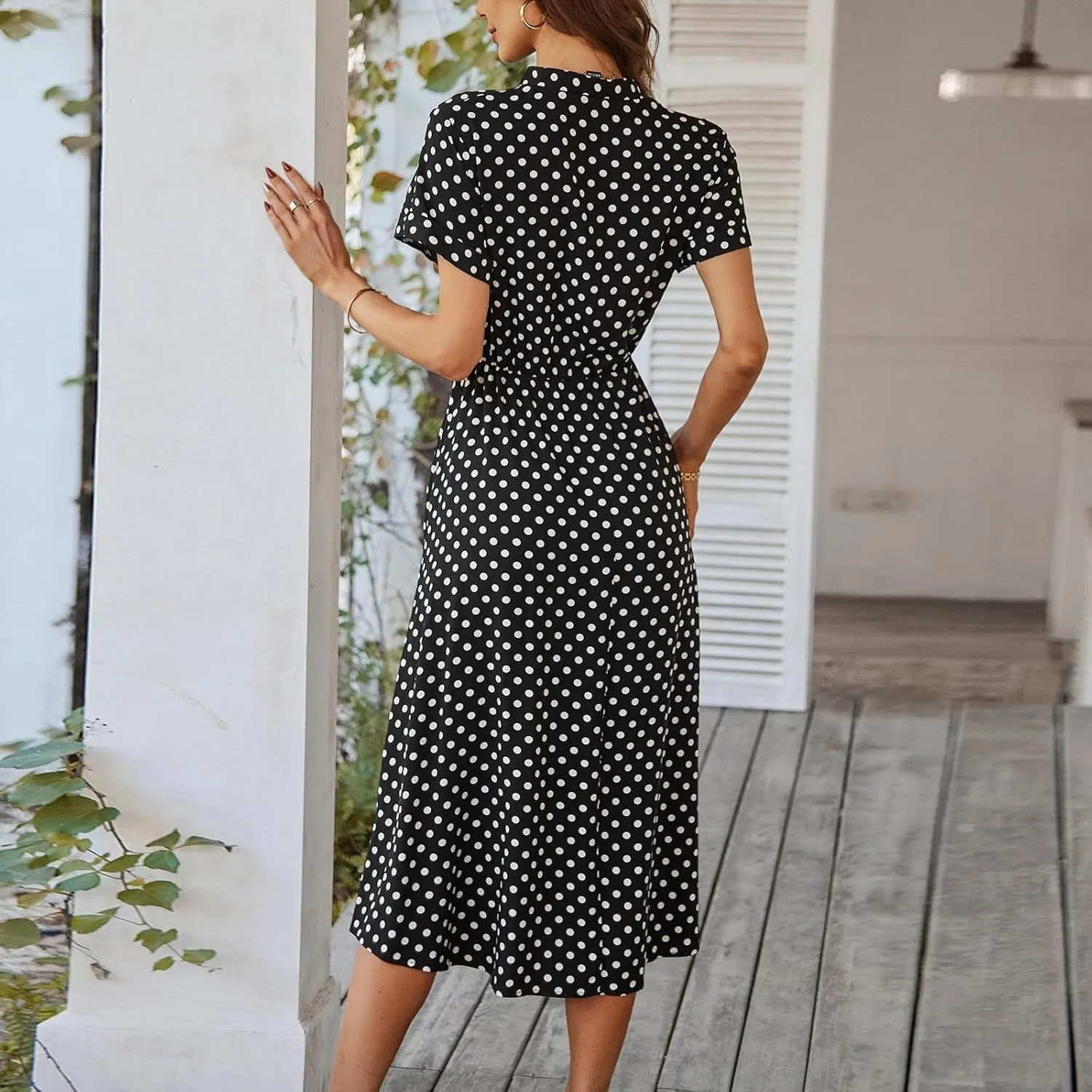 Summer Dresses for Women 2025 Short Sleeve Ruched Tie Waist Dress V Neck Polka Dot Button Down Boho Midi Sundress