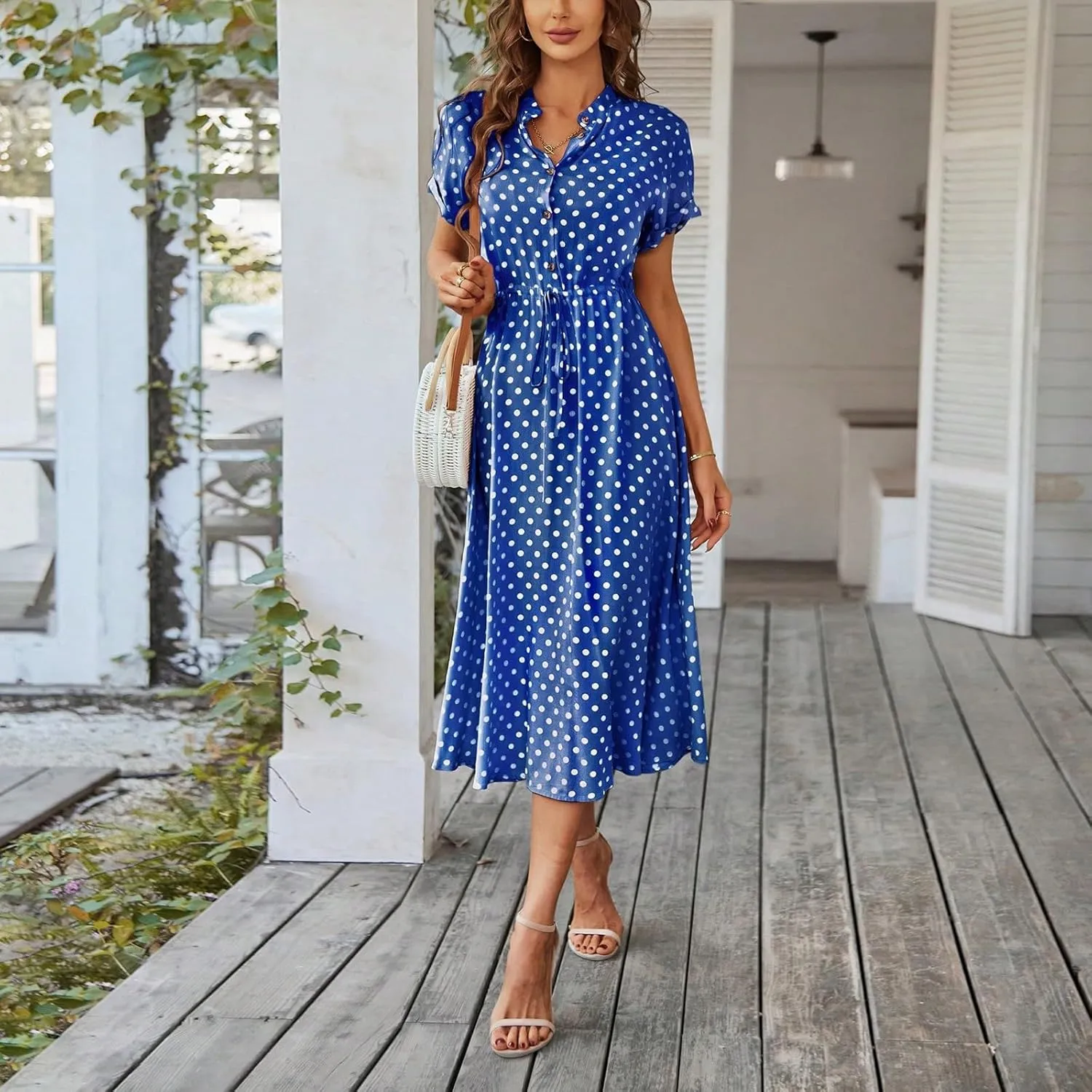 Summer Dresses for Women 2025 Short Sleeve Ruched Tie Waist Dress V Neck Polka Dot Button Down Boho Midi Sundress