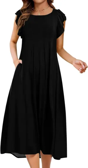 Summer Dresses for Women 2025 Short Sleeve Smocked Dress Trendy Crewneck Casual Beach Midi Sundress with Pocket