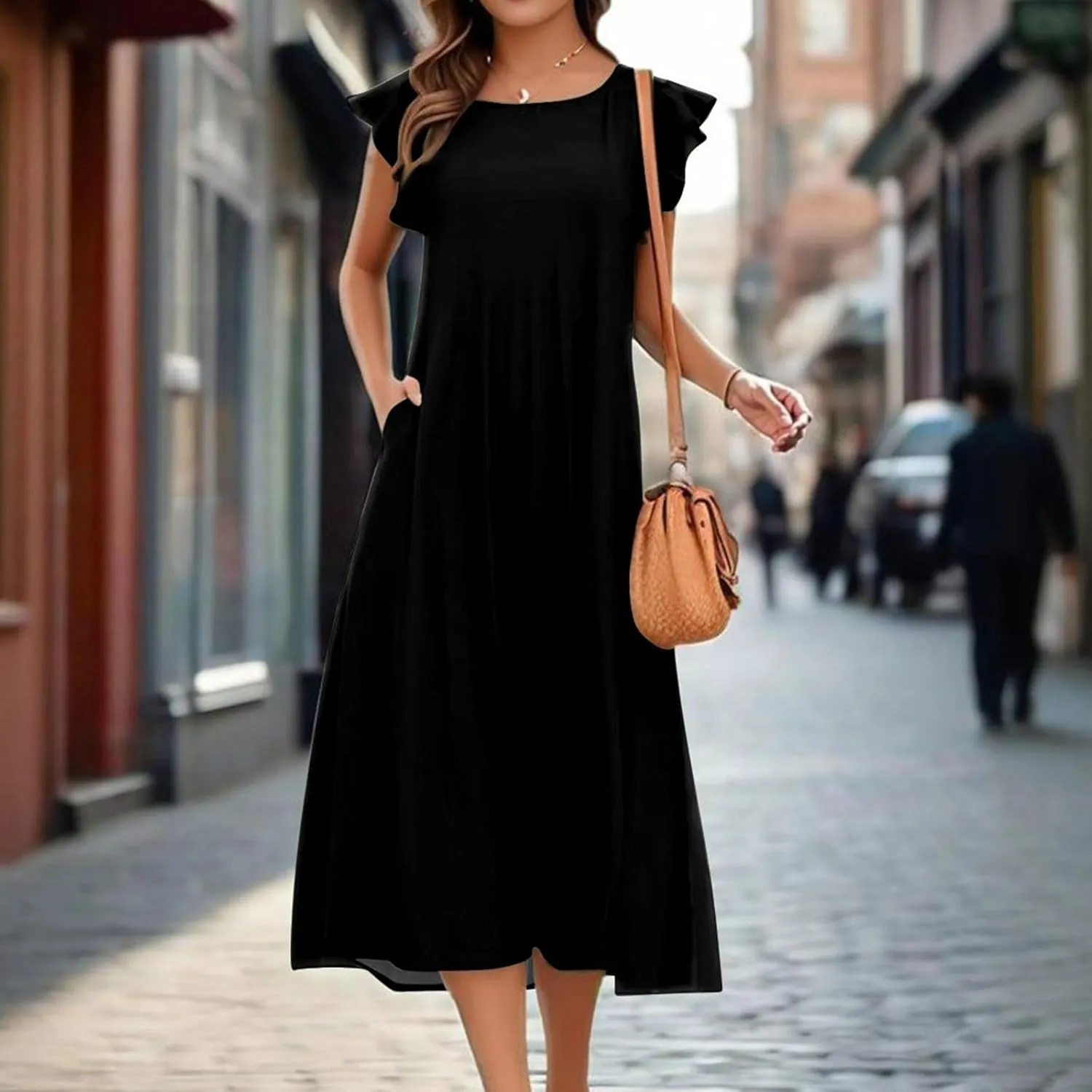 Summer Dresses for Women 2025 Short Sleeve Smocked Dress Trendy Crewneck Casual Beach Midi Sundress with Pocket
