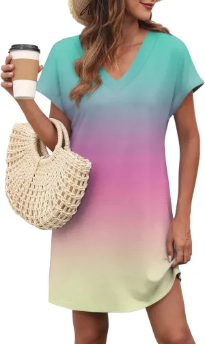 Summer Dresses for Women 2025 Trendy V Neck Tie Dye Short Sleeve Dress Casual Loose Holiday Beach Mini Sundress