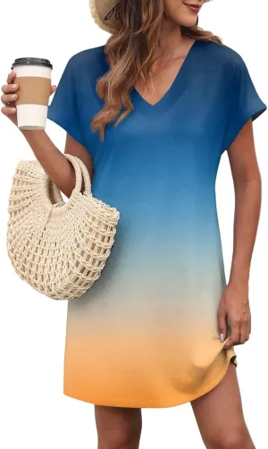 Summer Dresses for Women 2025 Trendy V Neck Tie Dye Short Sleeve Dress Casual Loose Holiday Beach Mini Sundress