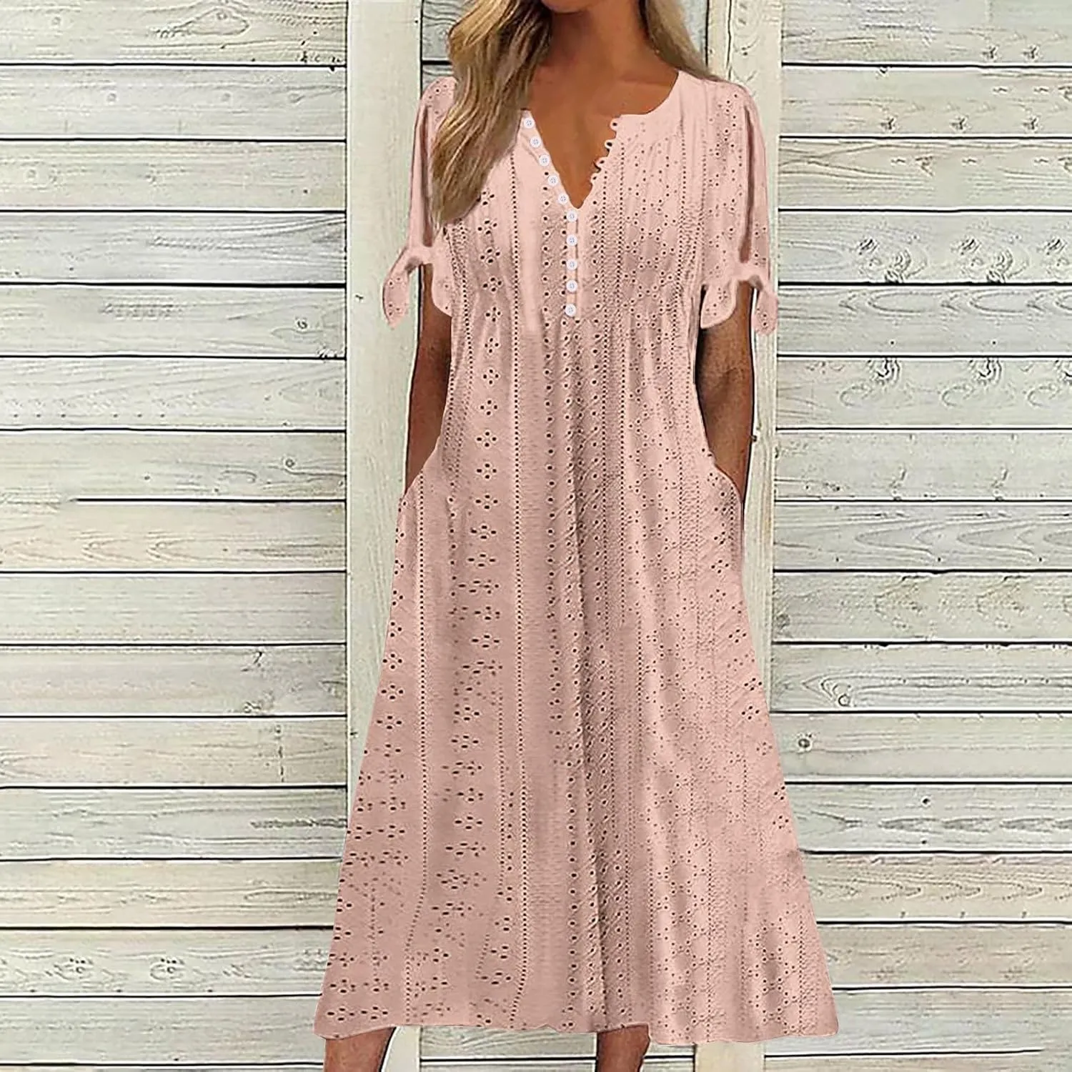 Summer Eyelet Dresses for Women Boho 2025 Trendy V Neck Short Sleeve Maxi Dress Casual Spring Beach Vacation Outfits