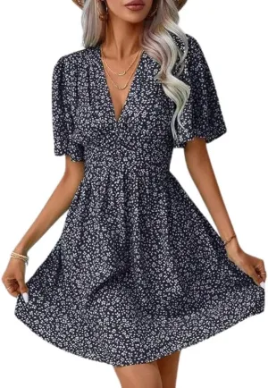 Summer Floral Mini Dresses for Women Wrap V Neck Short Sleeve A Line Short Dress Casual Cute Beach Vacation Sundress