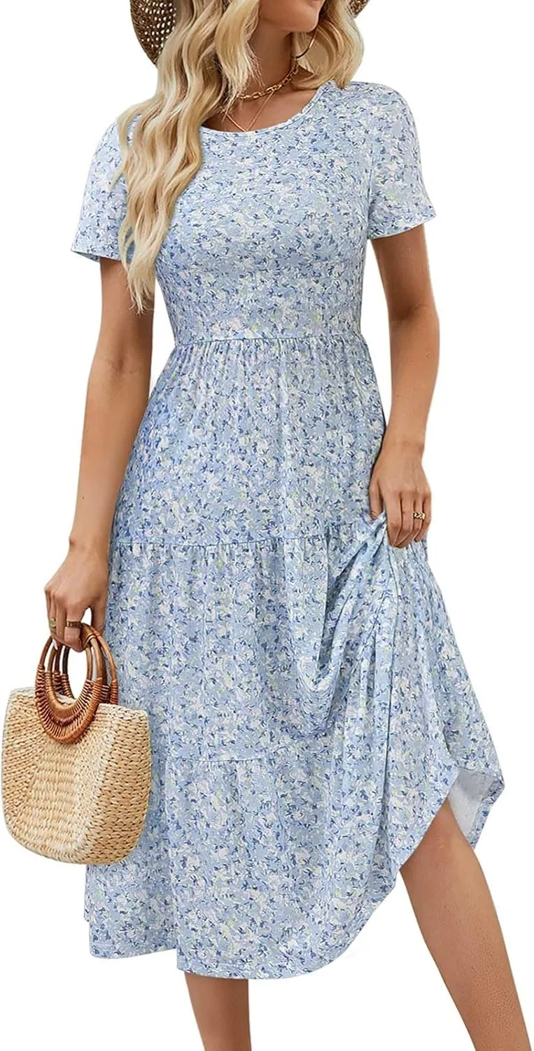 Sureple Spring Round Neck T Shirt Dress for Women Short Sleeve Midi Length,Swing Tiered Bobydoll Dresses with Pockets