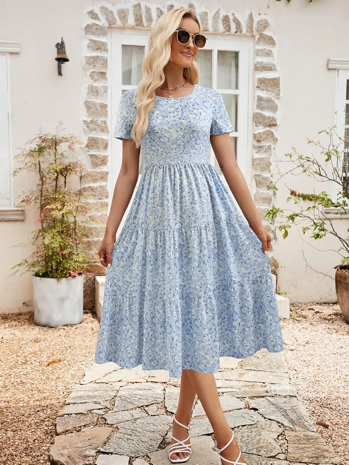 Sureple Spring Round Neck T Shirt Dress for Women Short Sleeve Midi Length,Swing Tiered Bobydoll Dresses with Pockets