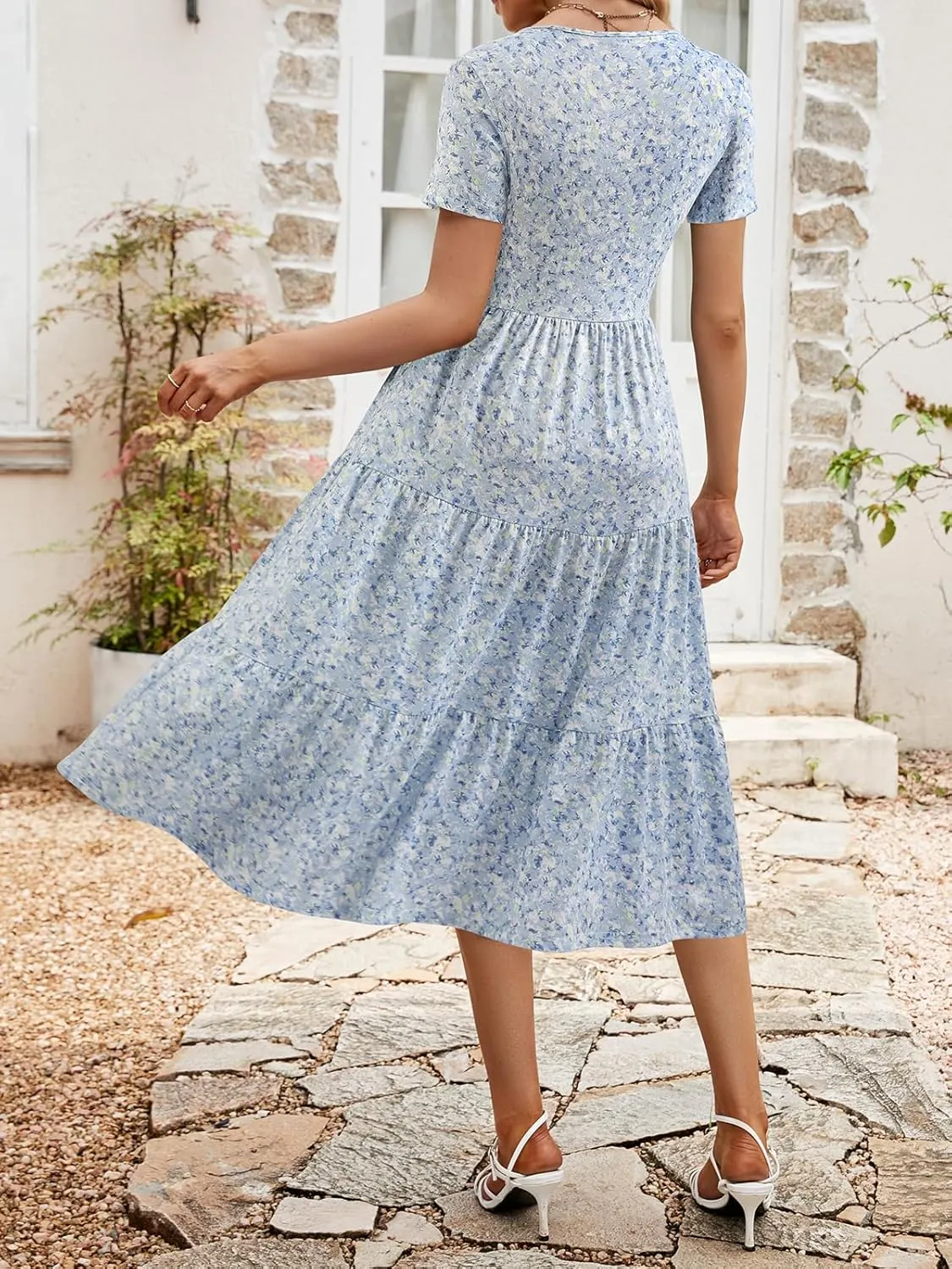 Sureple Spring Round Neck T Shirt Dress for Women Short Sleeve Midi Length,Swing Tiered Bobydoll Dresses with Pockets