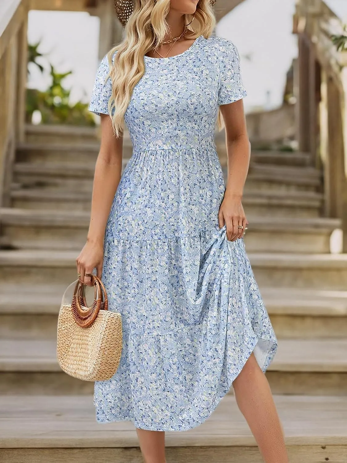 Sureple Spring Round Neck T Shirt Dress for Women Short Sleeve Midi Length,Swing Tiered Bobydoll Dresses with Pockets
