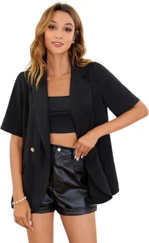 SweatyRocks Women's Casual Blazer Short Sleeve Open Front Notch Lapel Loose Work Office Suit Blazer Jackets