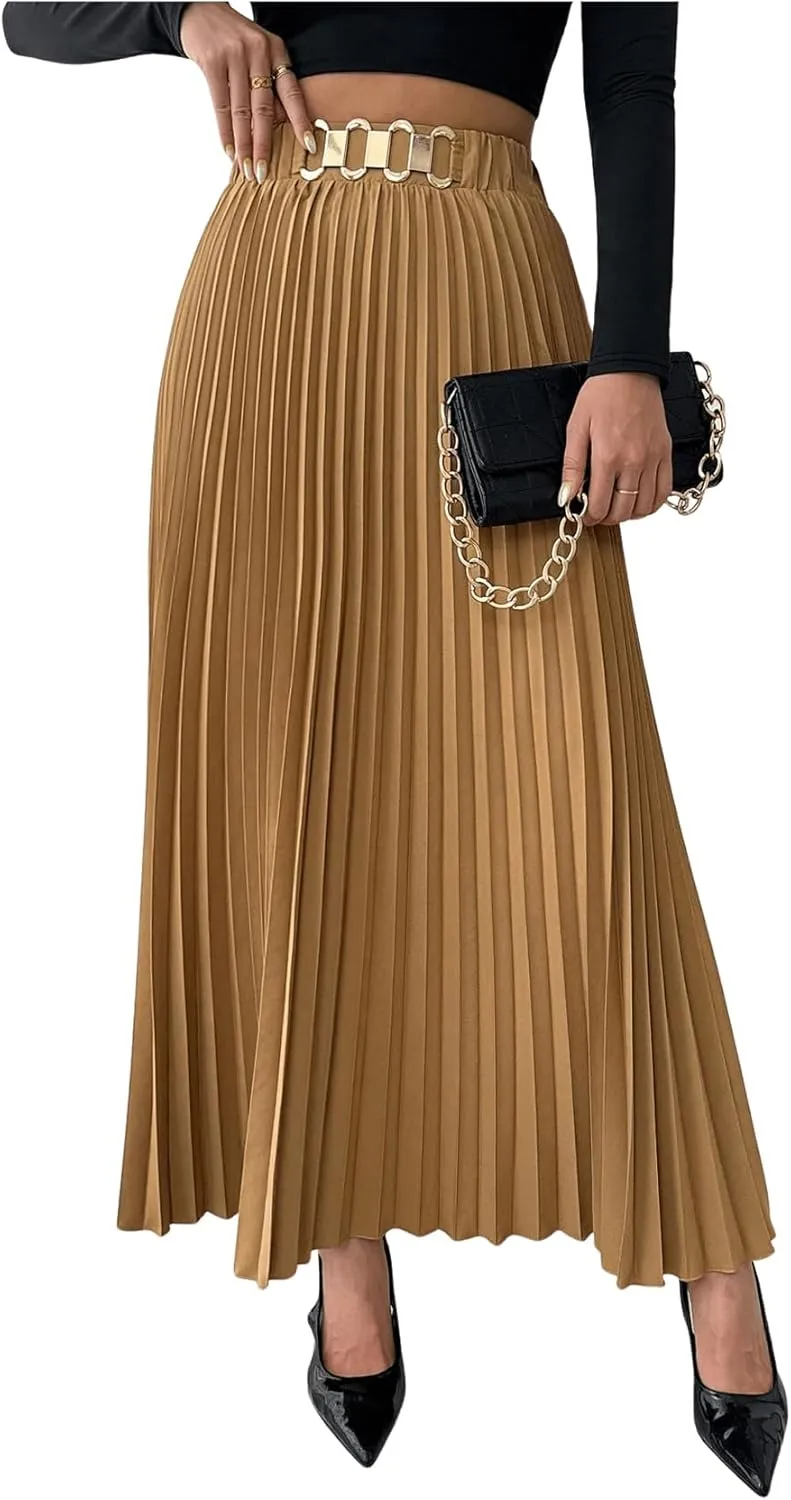 SweatyRocks Women's Pleated Maxi Skirt Chain High Waist Swing A Line Business Casual Flowy Skirt