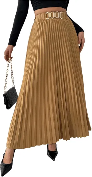 SweatyRocks Women's Pleated Maxi Skirt Chain High Waist Swing A Line Business Casual Flowy Skirt