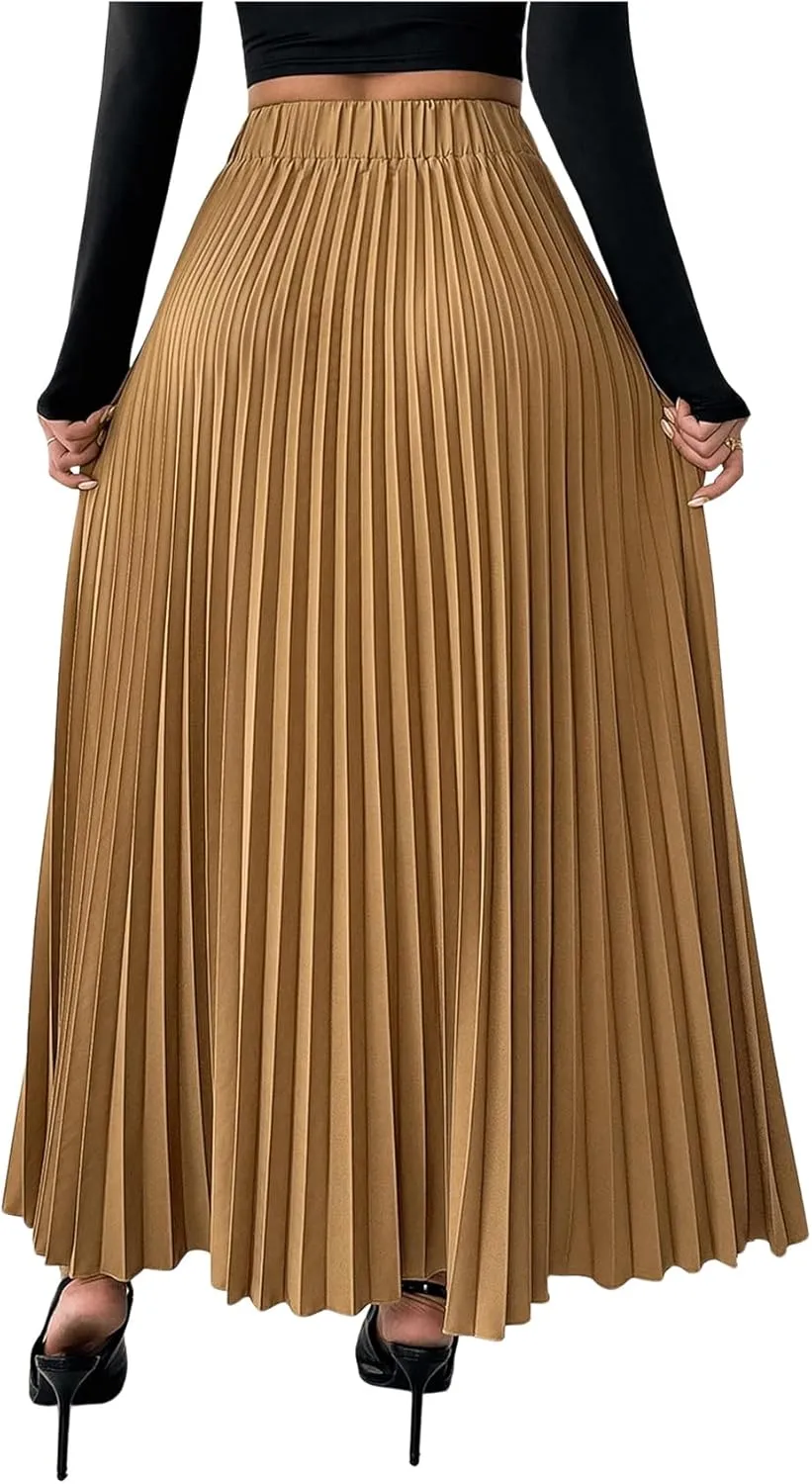 SweatyRocks Women's Pleated Maxi Skirt Chain High Waist Swing A Line Business Casual Flowy Skirt