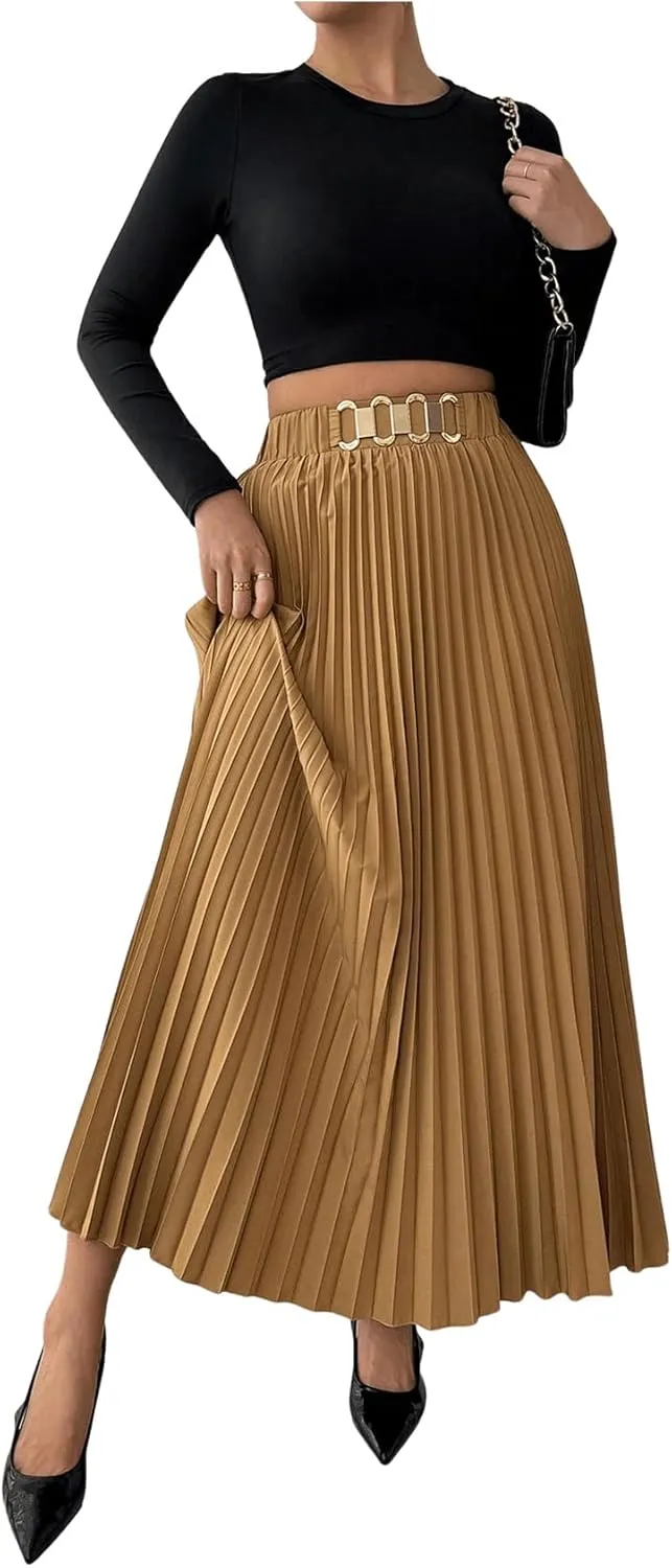 SweatyRocks Women's Pleated Maxi Skirt Chain High Waist Swing A Line Business Casual Flowy Skirt