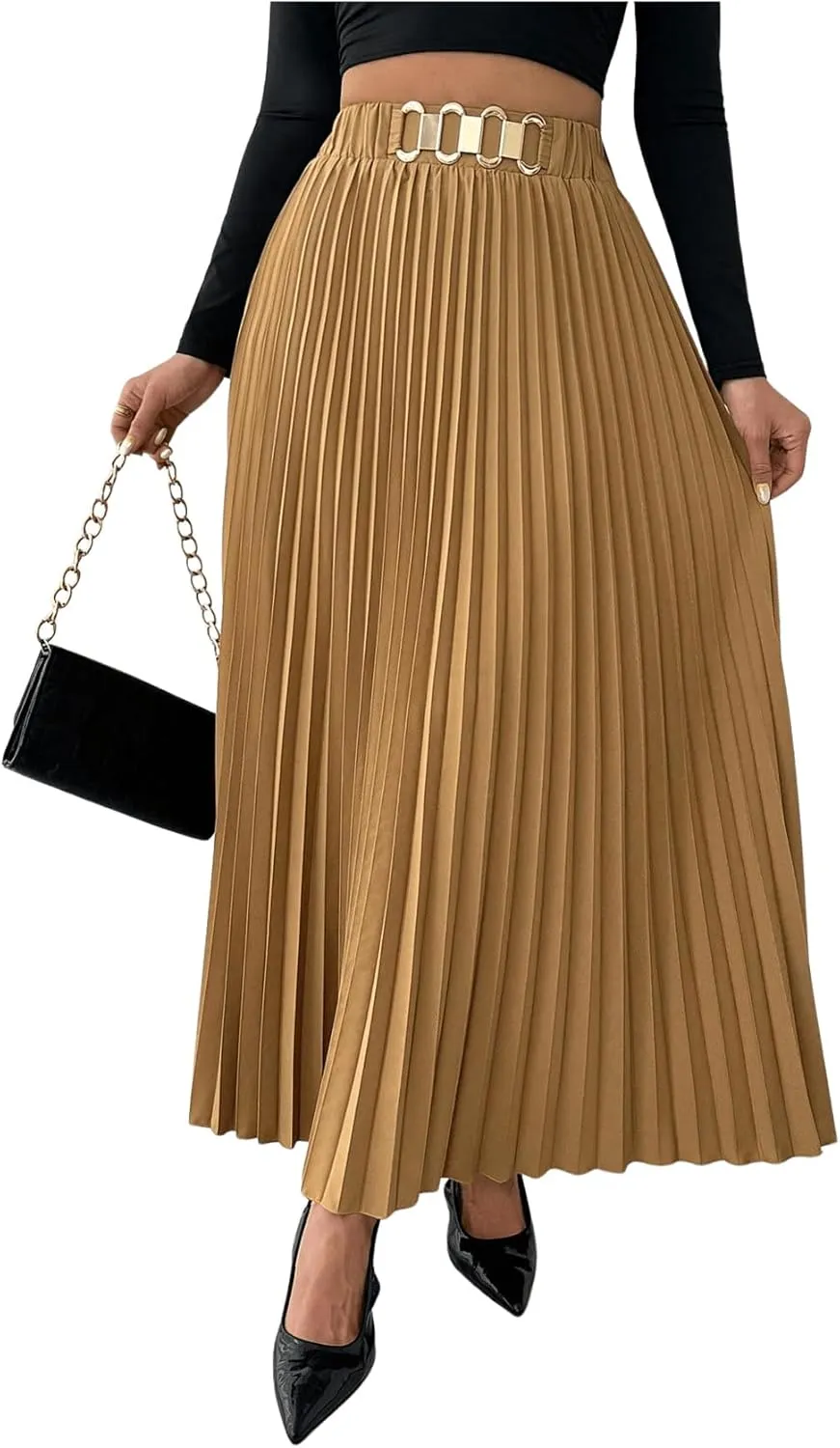 SweatyRocks Women's Pleated Maxi Skirt Chain High Waist Swing A Line Business Casual Flowy Skirt