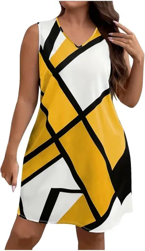 Tank Dress Geometric Printed Plus Size Dresses V-Neck Sleeveless Loose Midi Dresses Summer Dresses for Women 2025